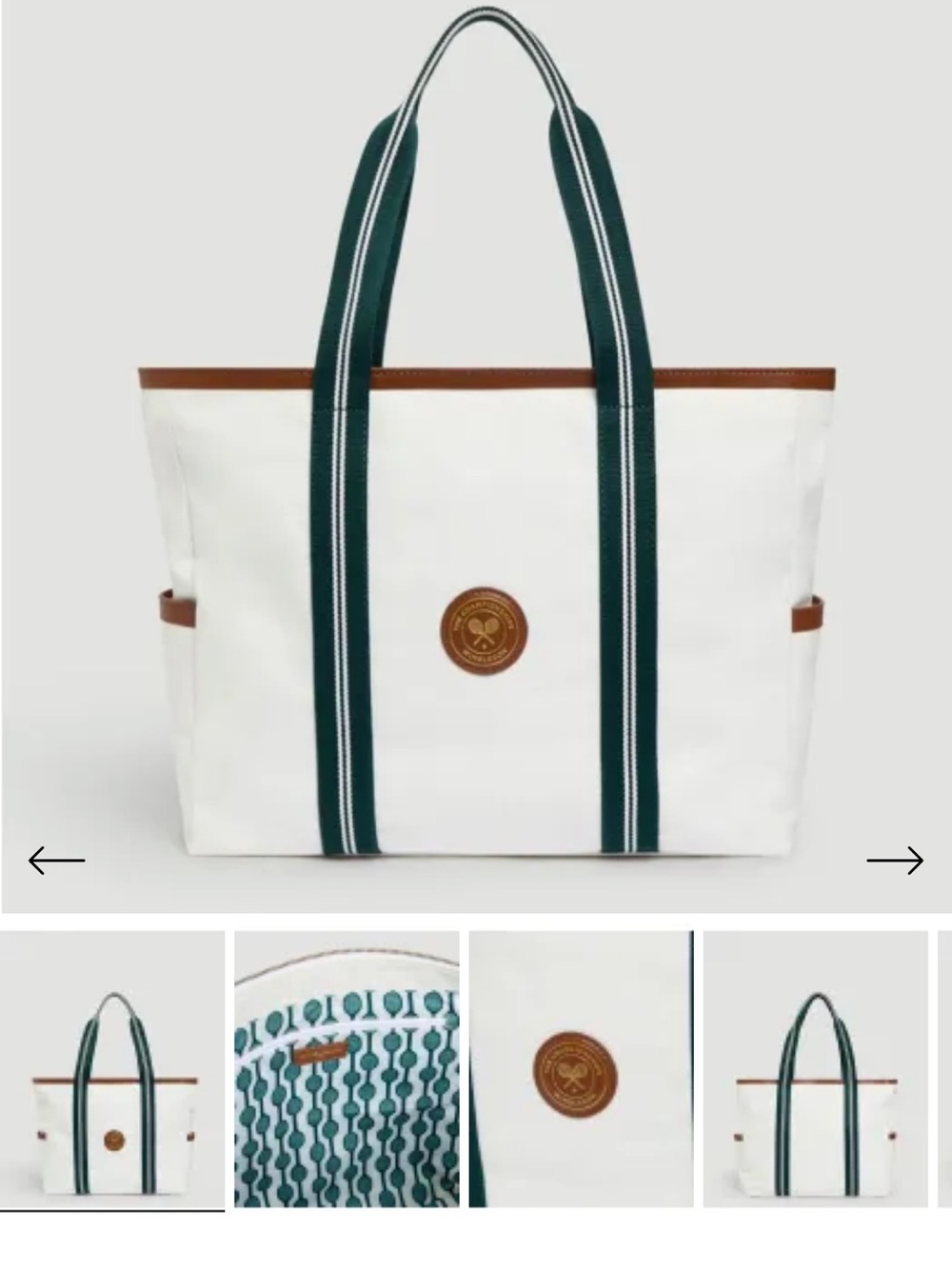 Wimbledon NWT White Canvas Tote Bag with Green Stripe Handles beautiful inside!